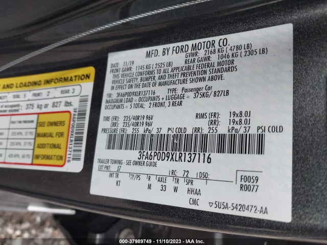 Ford Fusion Titanium 2020 3FA6P0D9XLR137116 Image 9