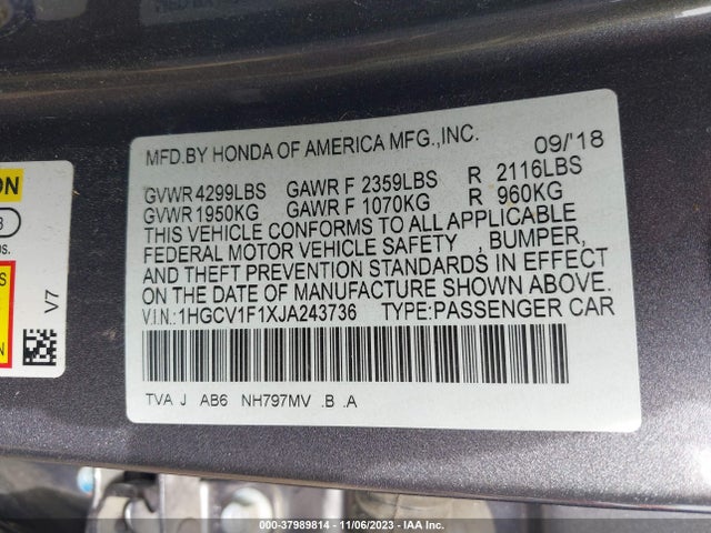 Honda ACCORD LX 2018 1HGCV1F1XJA243736 Image 9
