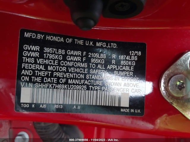 Honda CIVIC EX 2019 SHHFK7H69KU209925 Image 9