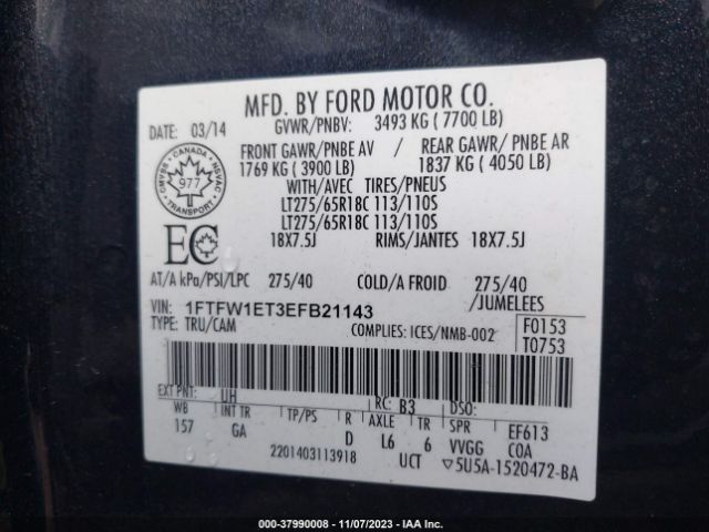 1FTFW1ET3EFB21143 Ford F-150 Xlt