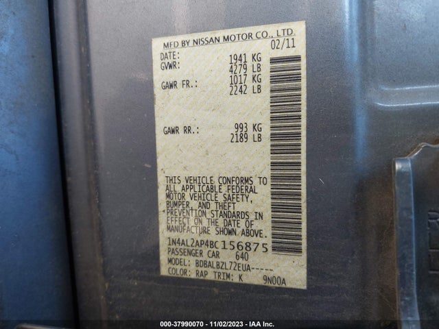 2011 NISSAN ALTIMA 2.5 S VIN: 1N4AL2AP4BC156875