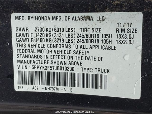 5FPYK3F57JB010200 Honda Ridgeline Rtl