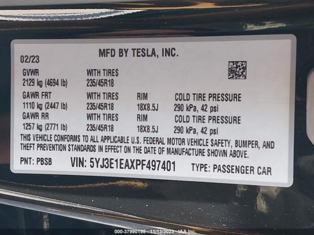5YJ3E1EAXPF497401 Tesla Model 3 Rear-wheel Drive