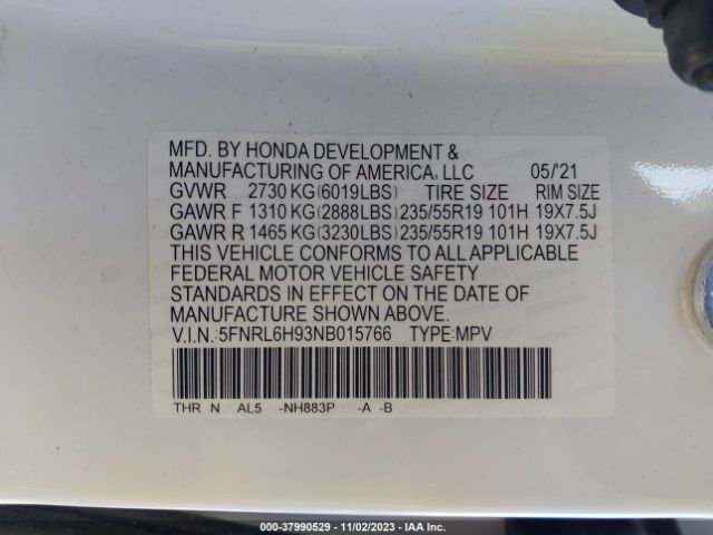 5FNRL6H93NB015766 Honda Odyssey Elite