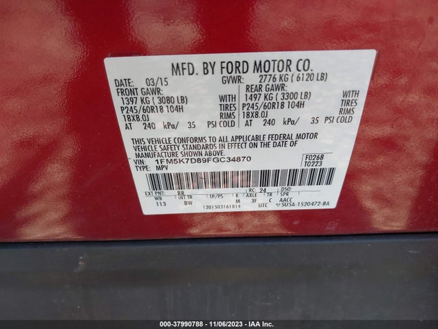 Ford EXPLORER XLT 2015 1FM5K7D89FGC34870 Image 9