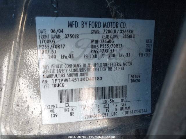 2004 FORD F-150 XLT/FX4/LARIAT VIN: 1FTPW14514KD40180