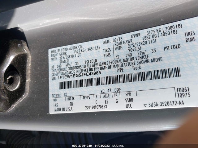 2018 FORD F-150 XLT VIN: 1FTEW1EG5JFE43985