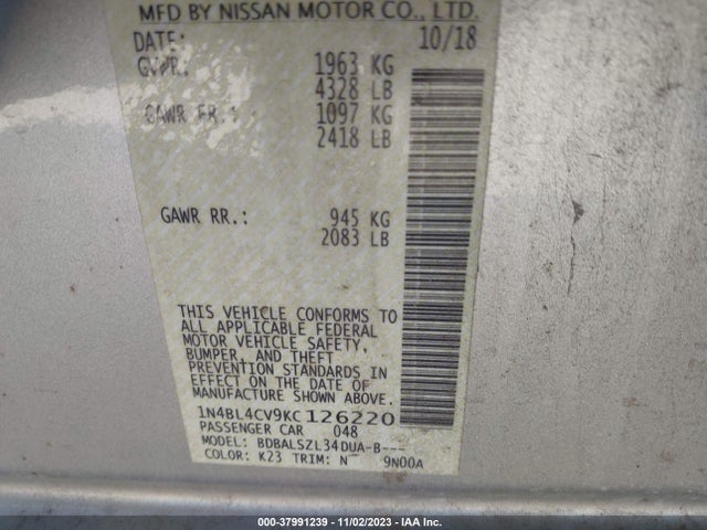 2019 NISSAN ALTIMA 2.5 SR VIN: 1N4BL4CV9KC126220