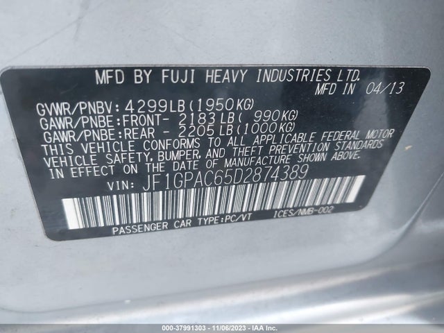 2013 SUBARU IMPREZA 2.0I PREMIUM VIN: JF1GPAC65D2874389
