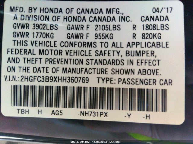 2017 HONDA CIVIC TOURING VIN: 2HGFC3B9XHH360769