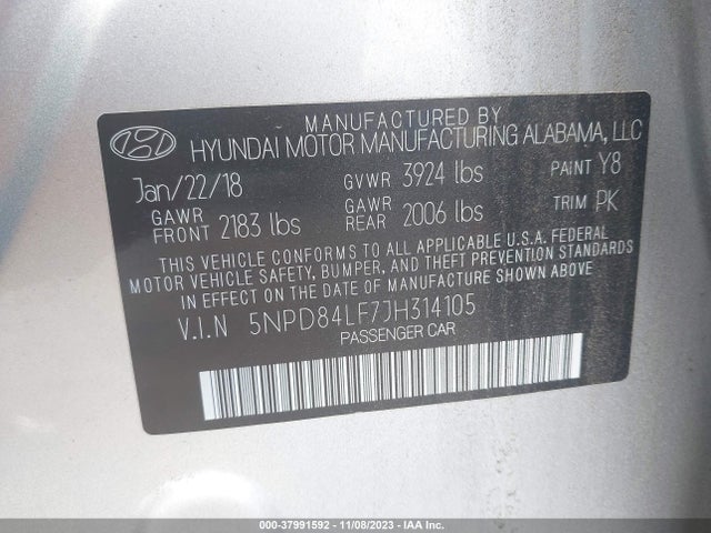 2018 HYUNDAI ELANTRA SEL VIN: 5NPD84LF7JH314105