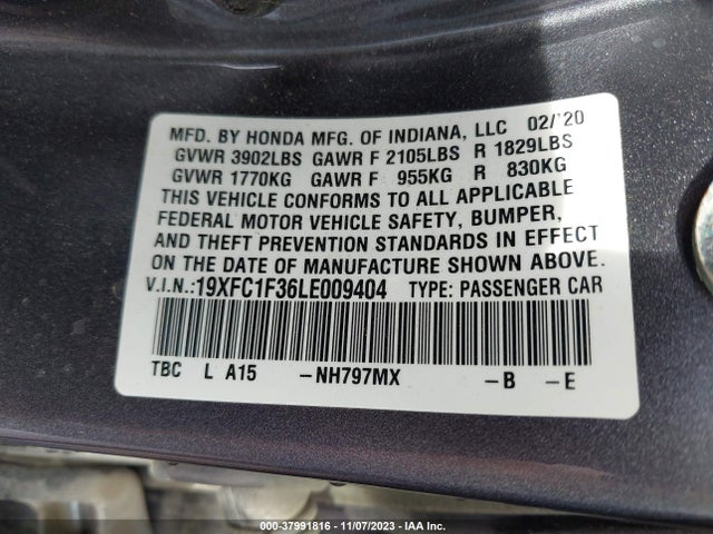 Honda CIVIC EX 2020 19XFC1F36LE009404 Image 9
