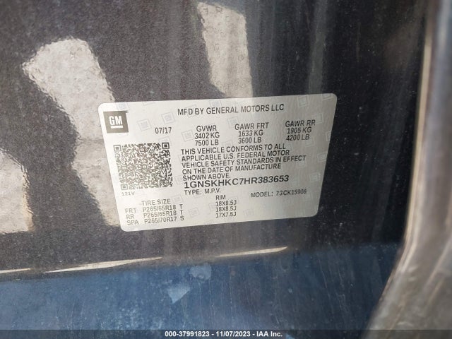 1GNSKHKC7HR383653 Chevrolet l83 - sidi: spark ignited direct injection, vvt: variable valve timing, afm, e85 max, alum
