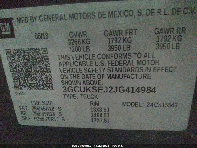 2018 CHEVROLET SILVERADO 1500 LTZ VIN: 3GCUKSEJ2JG414984