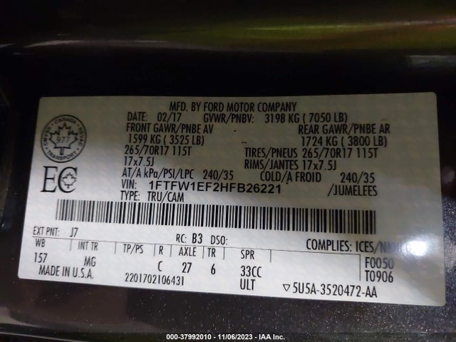 1FTFW1EF2HFB26221 Ford F-150 Xlt