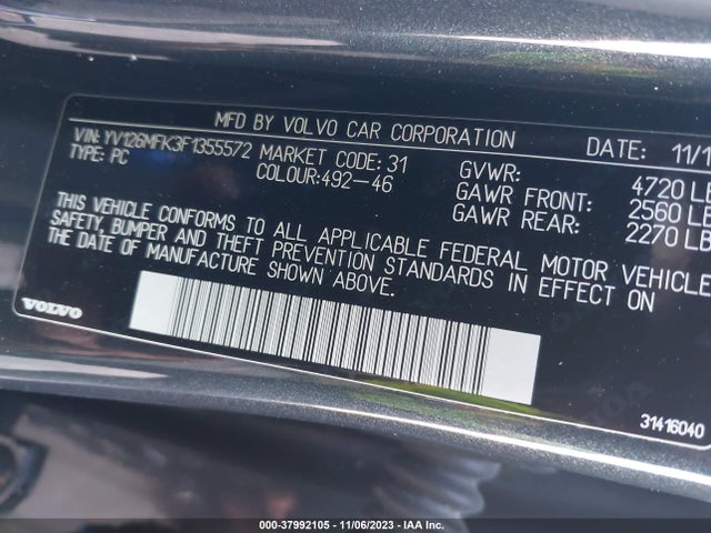2015 VOLVO S60 T5 PREMIER VIN: YV126MFK3F1355572