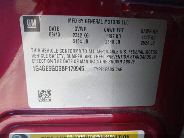 2011 BUICK LACROSSE CXS VIN: 1G4GE5GD5BF179945