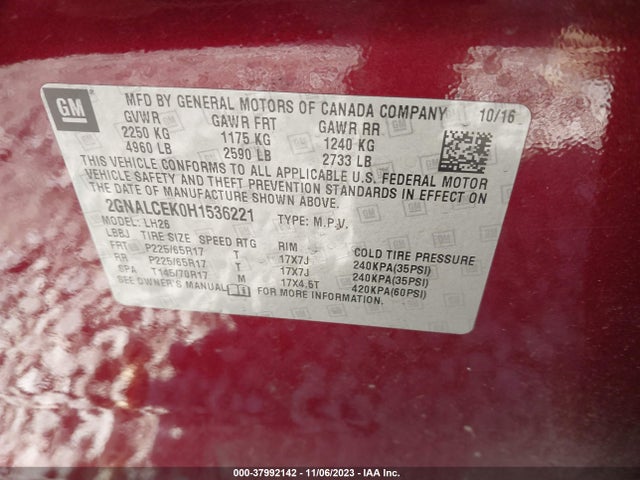 Chevrolet EQUINOX LT 2017 2GNALCEK0H1536221 Image 9