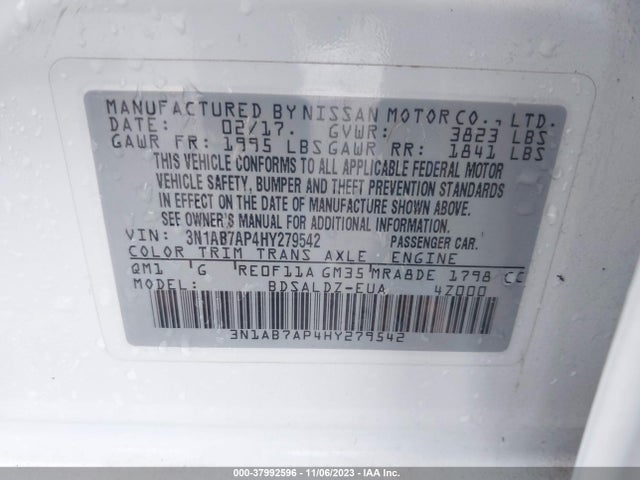 2017 NISSAN SENTRA SV VIN: 3N1AB7AP4HY279542