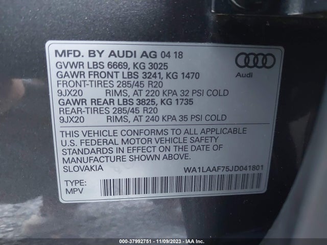 Audi Q7 3.0t Premium 2018 WA1LAAF75JD041801 Image 9