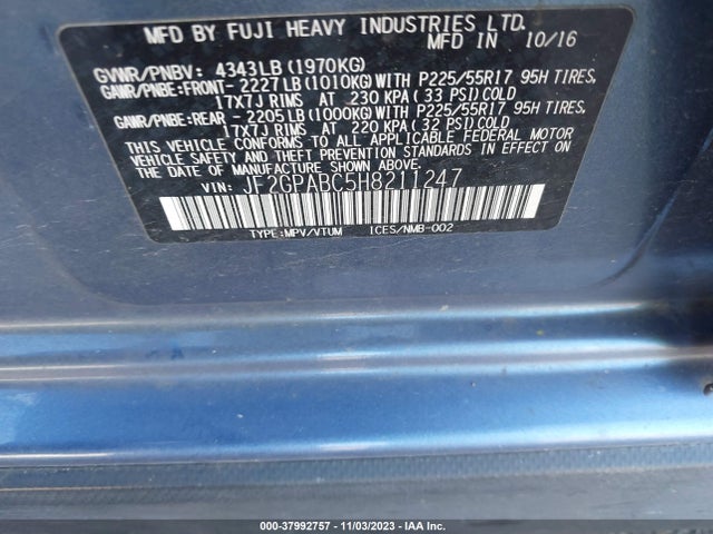 2017 SUBARU CROSSTREK 2.0I PREMIUM VIN: JF2GPABC5H8211247