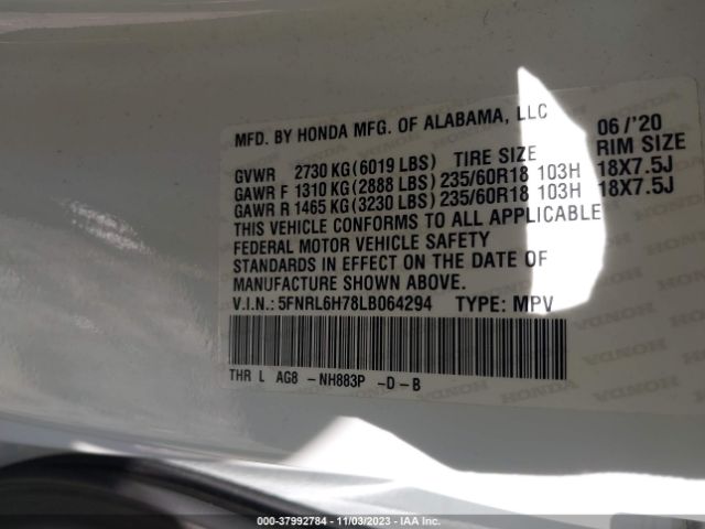 5FNRL6H78LB064294 Honda Odyssey Ex-l/ex-l W/navi & Res