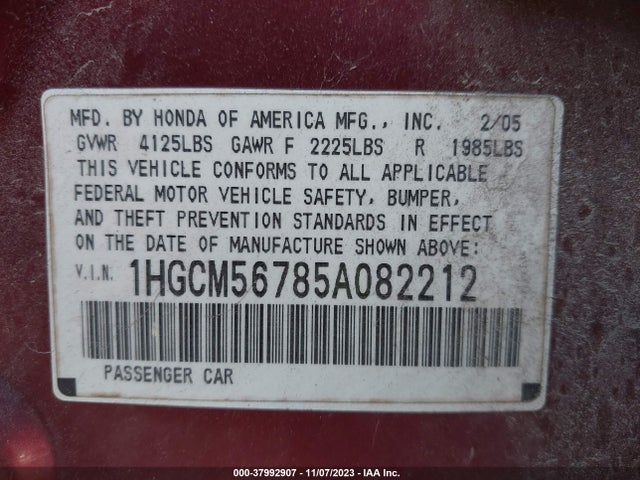 37992907 :رقم المزاد ، 1HGCM56785A082212 vin ، 2005 Honda Accord 2.4 Ex مزاد بيع