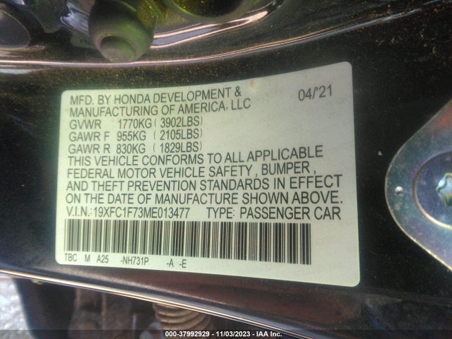 Honda Civic Ex-l 2021 19XFC1F73ME013477 Image 9