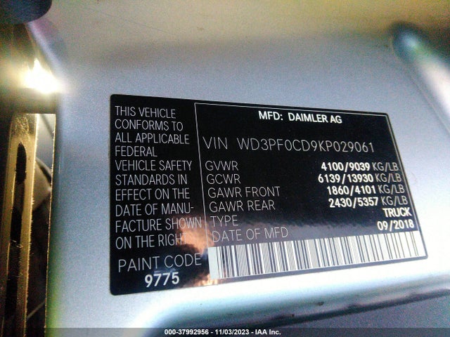 2019 MERCEDES-BENZ SPRINTER 2500 STANDARD ROOF V6/HIGH ROOF V6 VIN: WD3PF0CD9KP029061