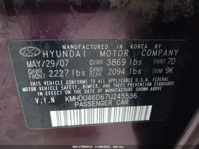 Auction sale of the 2007 Hyundai Elantra Limited/gls/se , vin: KMHDU46D67U245536, lot number: 437993012