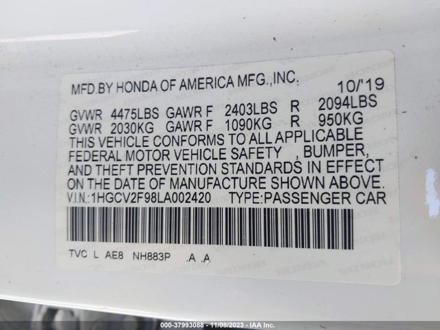 Honda Accord Touring 2020 1HGCV2F98LA002420 Image 9