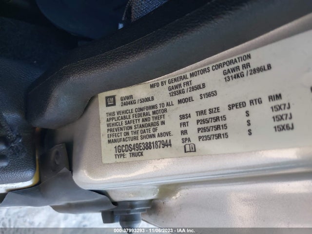 2008 CHEVROLET COLORADO LT VIN: 1GCDS49E388187944