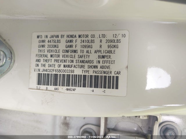 2011 ACURA TSX 2.4 VIN: JH4CU2F65BC003288