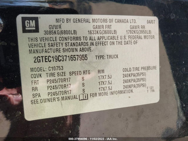 2007 GMC SIERRA 1500 SLE1 VIN: 2GTEC19C371657955