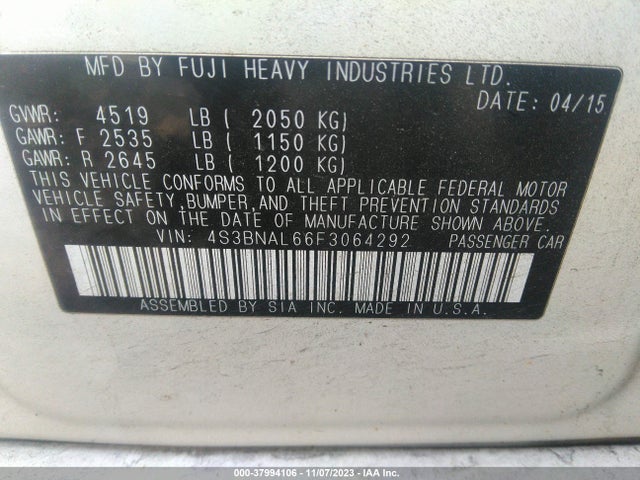 2015 SUBARU LEGACY 2.5I LIMITED VIN: 4S3BNAL66F3064292