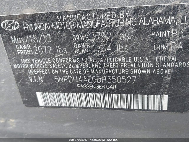 2013 HYUNDAI ELANTRA GLS VIN: 5NPDH4AE6DH350527