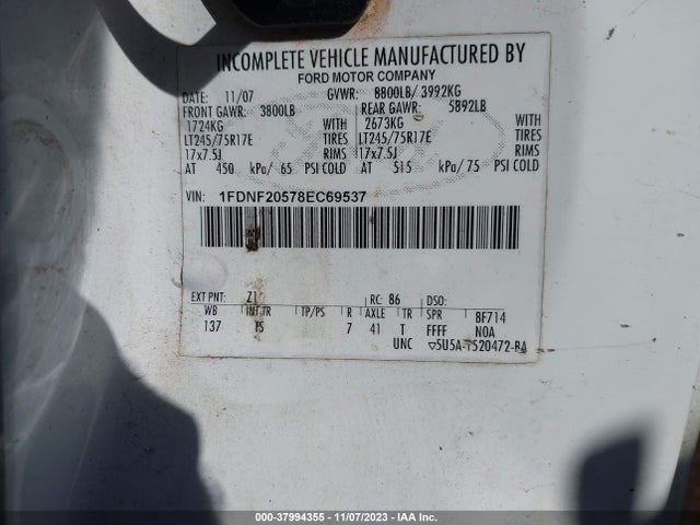 2008 FORD F-250 XLT/XL VIN: 1FDNF20578EC69537