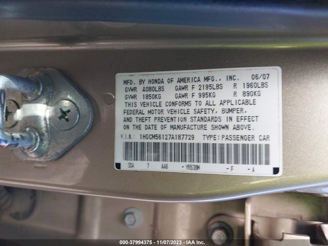 2007 HONDA ACCORD 2.4 VP VIN: 1HGCM56127A187729