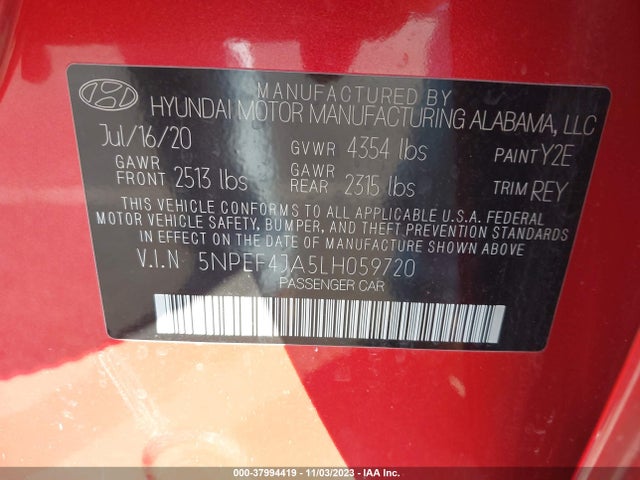 2020 HYUNDAI SONATA SEL VIN: 5NPEF4JA5LH059720
