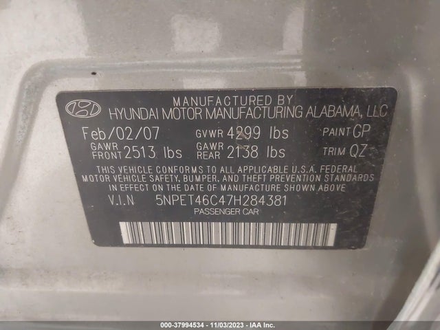 2007 HYUNDAI SONATA GLS VIN: 5NPET46C47H284381