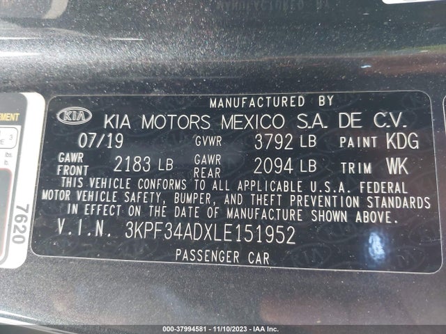 2020 KIA FORTE GT LINE VIN: 3KPF34ADXLE151952