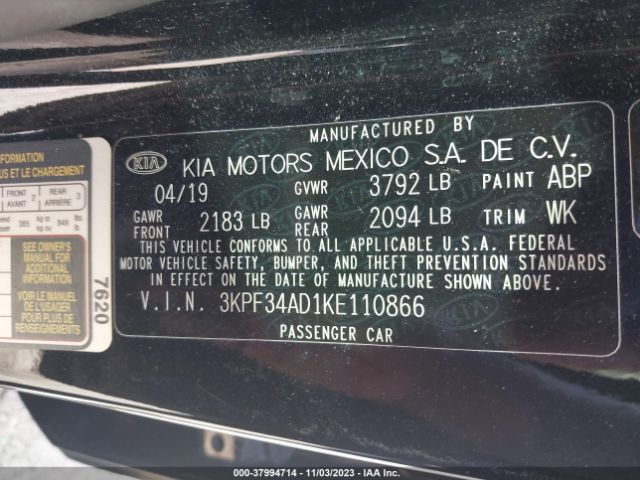 3KPF34AD1KE110866 KIA FORTE S