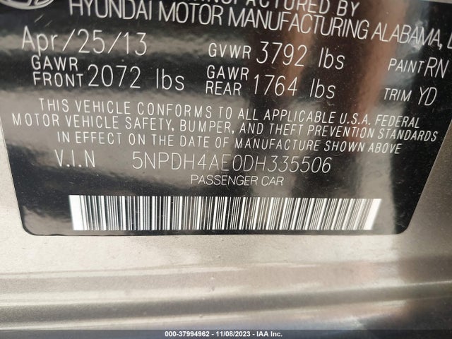 2013 HYUNDAI ELANTRA GLS VIN: 5NPDH4AE0DH335506