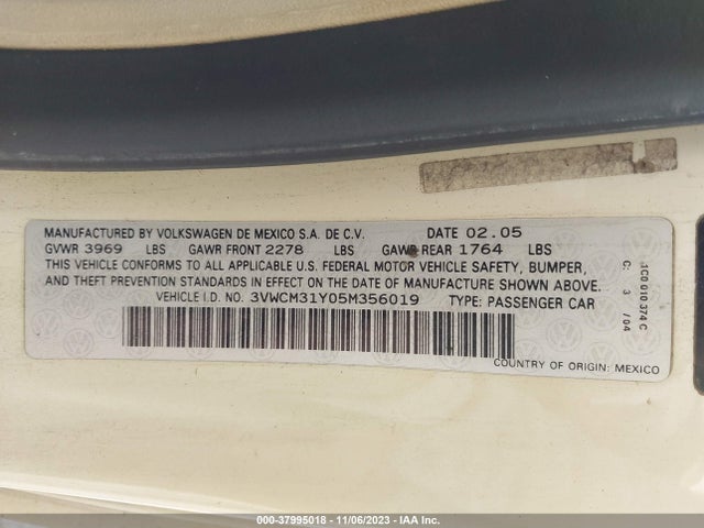 2005 VOLKSWAGEN NEW BEETLE GLS VIN: 3VWCM31Y05M356019