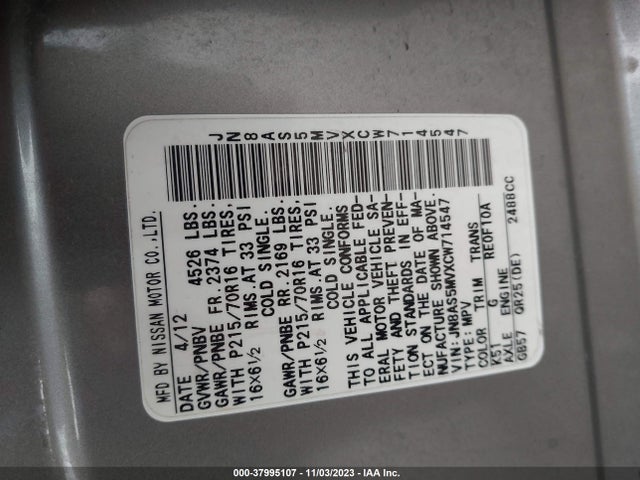 Продажа на аукционе авто 2012 Nissan Rogue S, vin: JN8AS5MVXCW714547, номер лота: 37995107