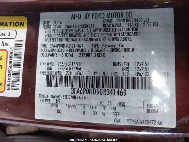 Ford FUSION SE 2016 3FA6P0HD5GR341469 Image 9