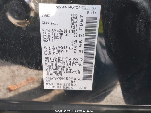 2015 NISSAN ROGUE SL VIN: 5N1AT2MV0FC825066