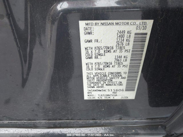 2010 NISSAN XTERRA X VIN: 5N1AN0NW3AC515606