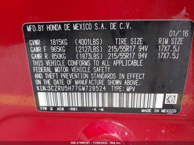 3CZRU5H77GM728524 Honda Hr-v Ex-l