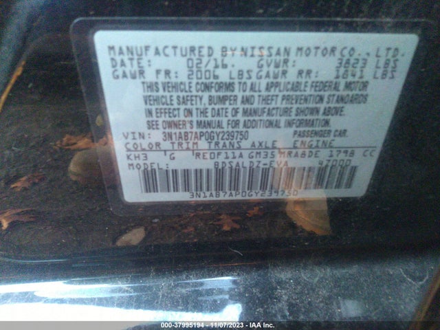 2016 NISSAN SENTRA SV VIN: 3N1AB7AP0GY239750